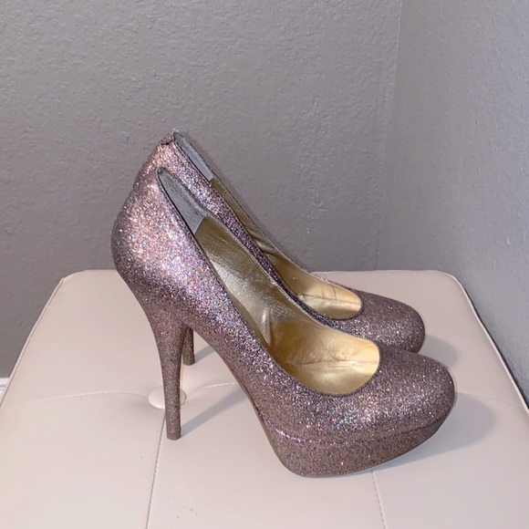 Bakers Pink Glitter Platform Pumps | Sparkly High Heels - Picture 1 of 16